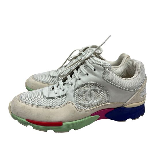 Chanel Interlocking CC Logo Mesh Leather Sneakers White Multi Color Size EUR 40 - Picture 6 of 12